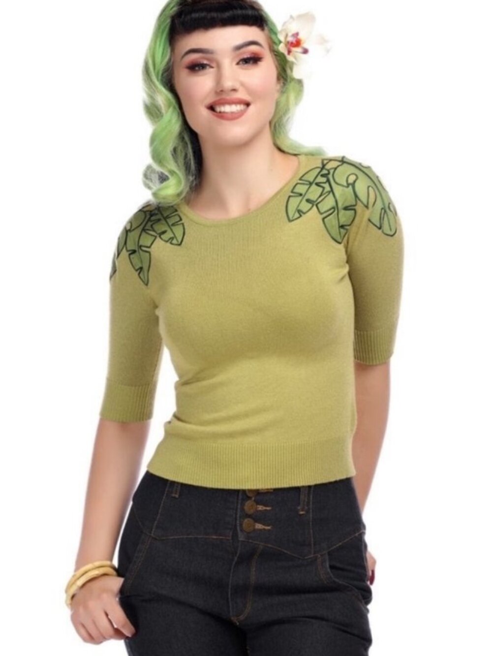 Collectif Green Pinup Vintage style Sweater with Monstera Leaf Appliqué